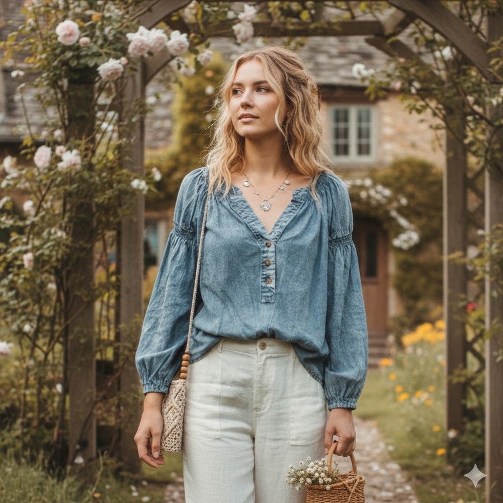 Jane + Delancey Smocked Henley Top 100% Lyocell Balloon Sleeve Boho‎ Cottagecore